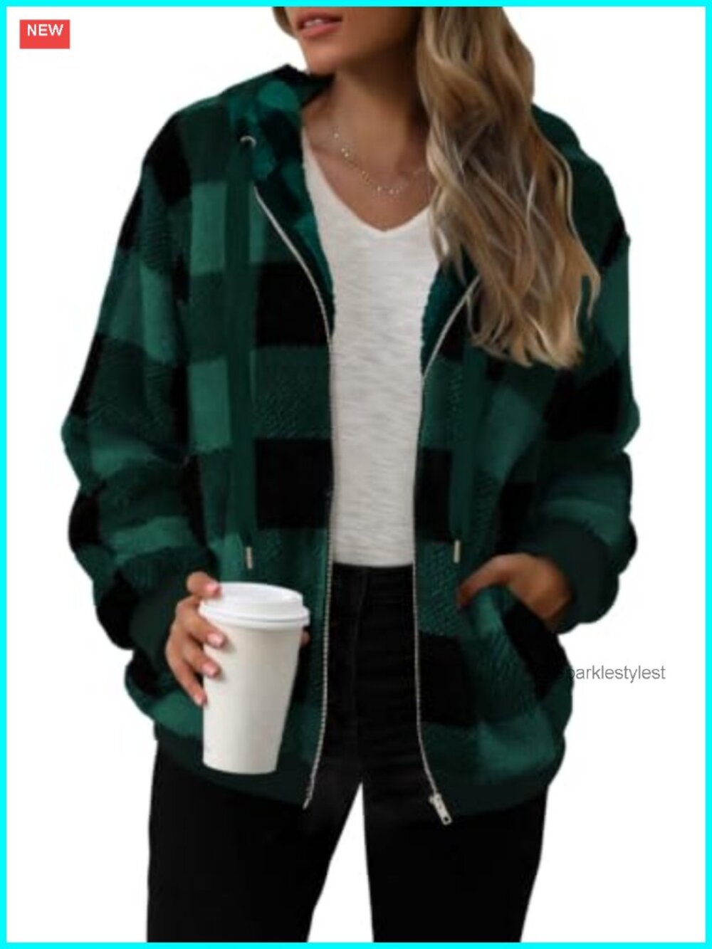Sherpa Fleece Zip Up Hoodie Womens Relaxed Fit Plaid Jacket